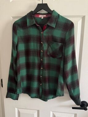 Maurices Green and Black Plaid Button-Up Shirt with Red Trim